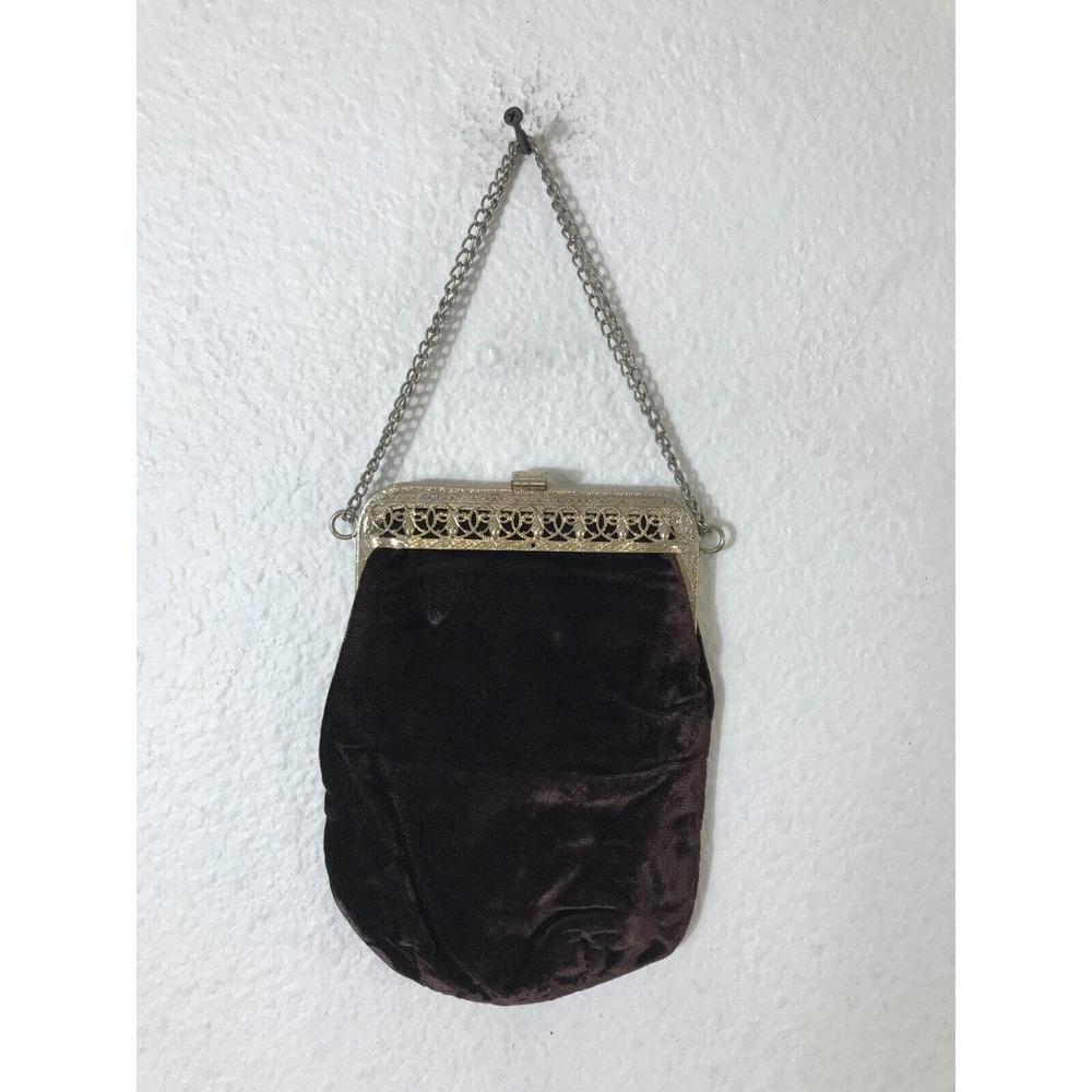 Vintage Art Deco Brown Velvet Purse With Bronze Gold‎ Plated Frame Antique